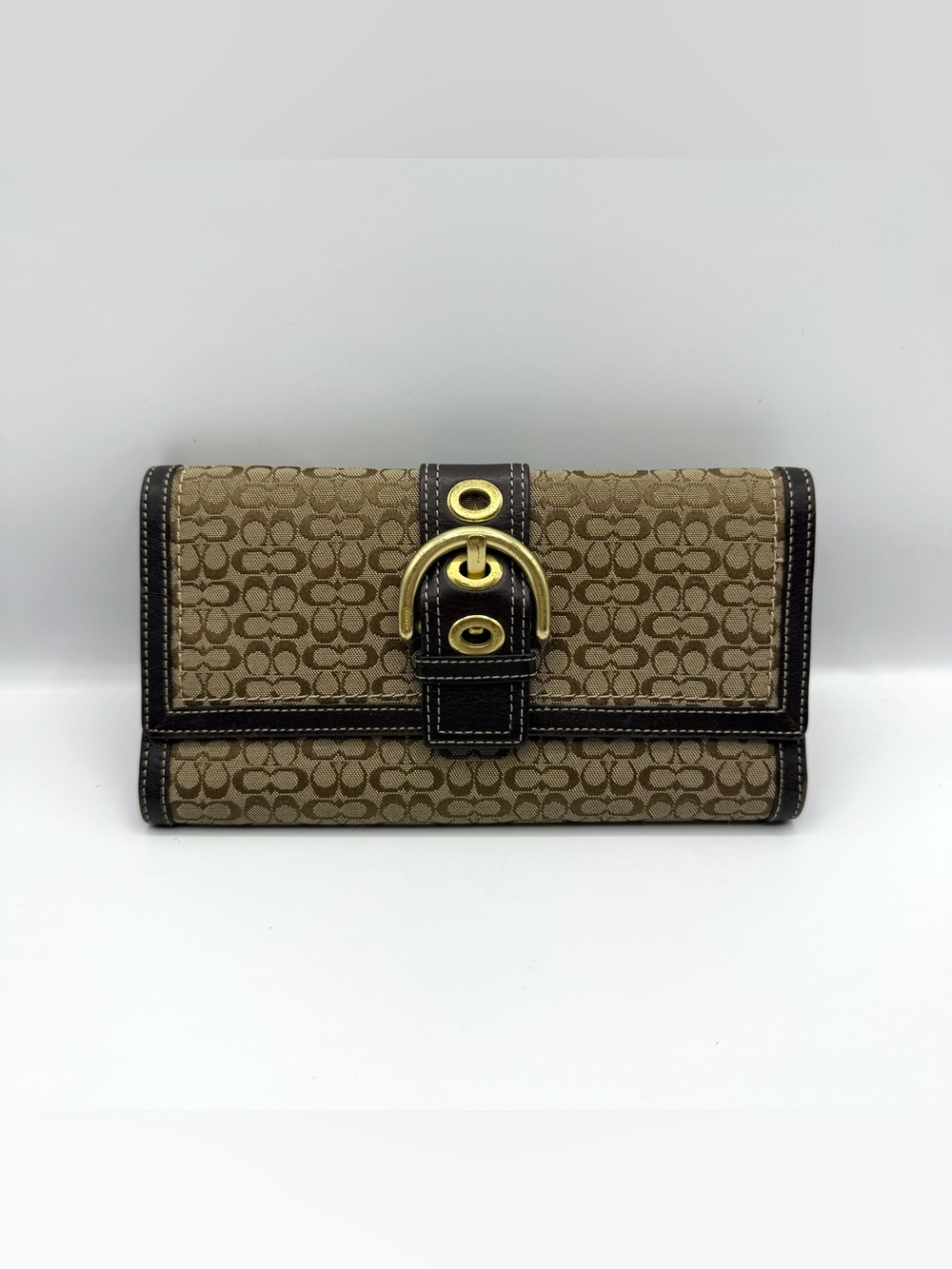 Coach Signature Jacquard Buckle Wallet Khaki Brown Leather Checkbook Clutch